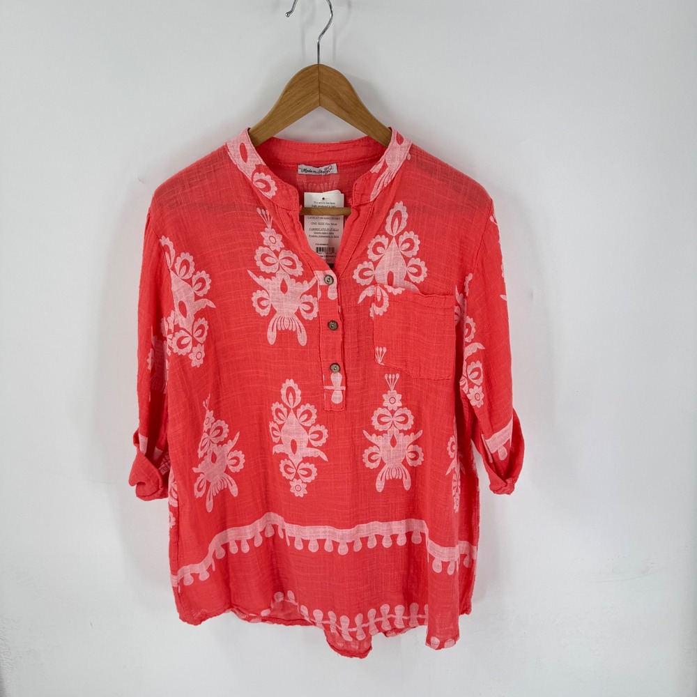 Catherine Lillywhite's Tunic OS Coral Pink Made in Italy Boho Henley Roll-Tab